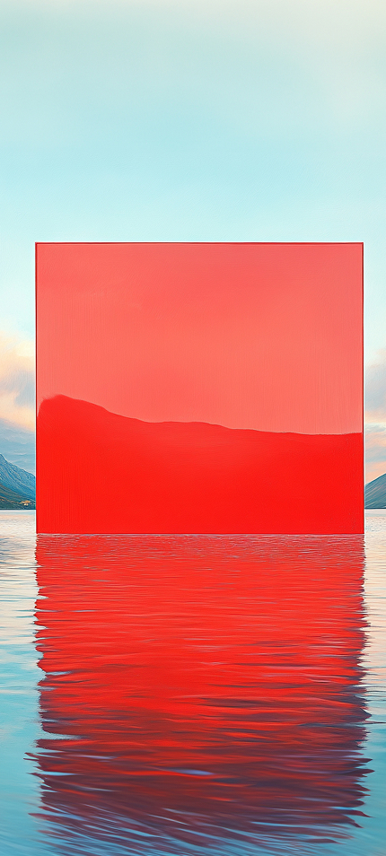 Un océano con olas rompiendo en primer plano, mientras el sol se pone en el horizonte y el cielo se tiñe de colores cálidos. En el centro, hay un gran cuadrado rojo semitransparente flotando sobre el agua, reflejando el mar y el cielo de una forma muy llamativa.