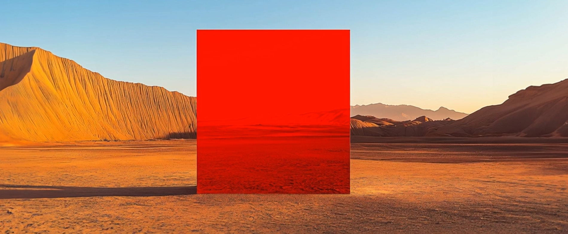 Paisaje desértico con montañas de arena iluminadas por la luz del atardecer. En el centro, un gran cuadrado rojo semitransparente refleja el paisaje, creando un efecto visual llamativo. A la izquierda, un texto en blanco dice 'Tus inversiones en manos expertas', acompañado de un botón con el mensaje 'Abrir mi cuenta'.