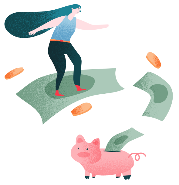 ilustración mujer volando sobre dinero que llega a una alcancía de chancho