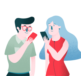 ilustración hombre y mujer conversando con sus celulares en mano