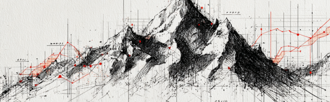 croquis de una montaña con acentos rojos