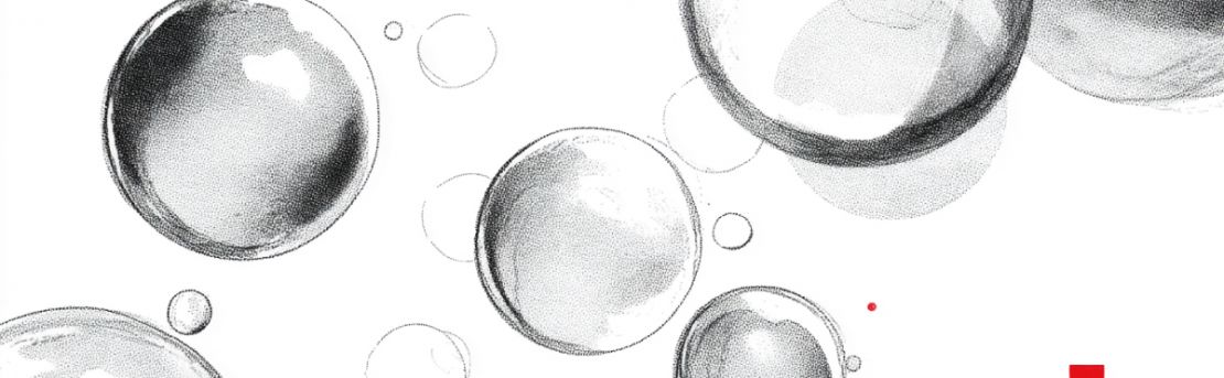 ilustración de burbujas en blanco y negro con pequeños acentos en rojo