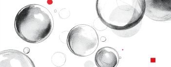 ilustración de burbujas en blanco y negro con pequeños acentos en rojo