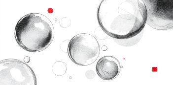 ilustración de burbujas en blanco y negro con pequeños acentos en rojo