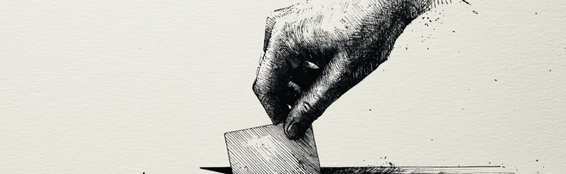 Dibujo estilo croquis de una mano insertando un voto en una urna