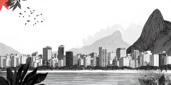 Ilustración en línas finas de Sao Paulo, en Brasil. Algunos pájaros vuelan y se ven flores