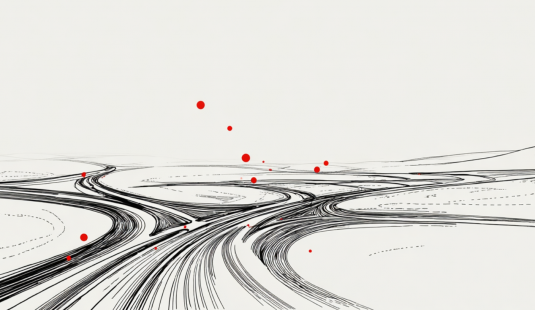 Camino simbolizando toma de decisiones. Fondo blanco con acentos rojos.