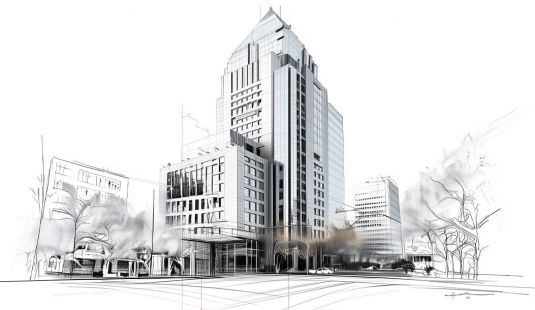Edificio de LarrainVial con efecto croquis en colores suaves