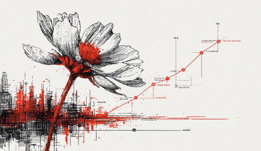 Líneas negras dibujan una flor que emana de una ciudad y de la que, a la vez, sale un gráfico