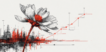 Líneas negras dibujan una flor que emana de una ciudad y de la que, a la vez, sale un gráfico